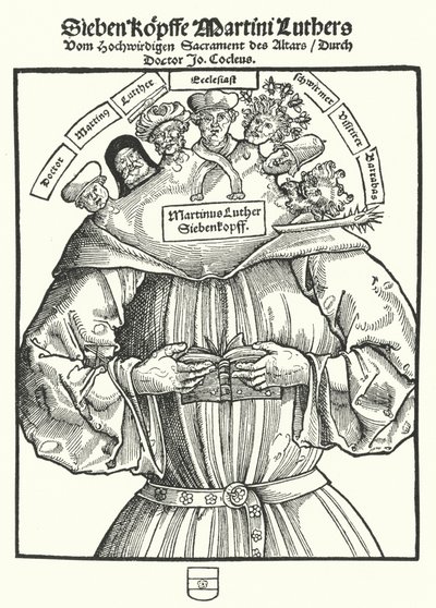 Page de titre de la brochure Les Sept Têtes de Martin Luther par Johannes Cochlaeus - German School