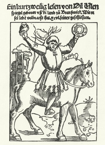 Till Eulenspiegel représenté avec une chouette et un miroir (gravure) - German School
