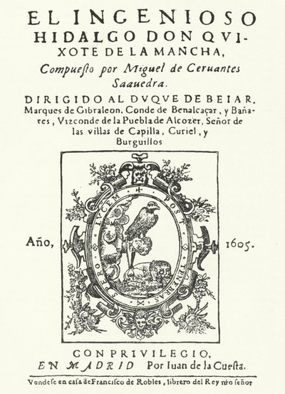 Page de titre de la première édition du roman Don Quichotte, par Miguel de Cervantes (gravure) - German School