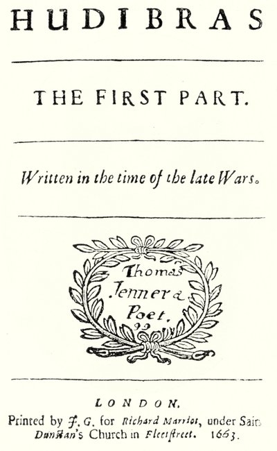 Page de titre du poème satirique Hudibras du poète anglais Samuel Butler, publié en 1663 (gravure) - German School