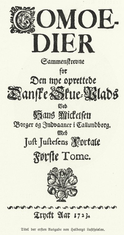Page de titre des Comédies de Ludvig Holberg, dramaturge, philosophe et historien dano-norvégien - German School