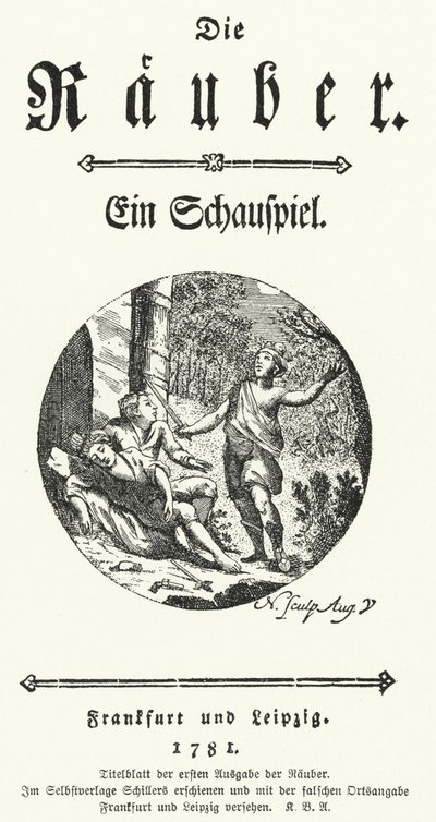 Page de titre de la première édition de la pièce de Friedrich Schiller Die Rauber (Les Brigands) - German School
