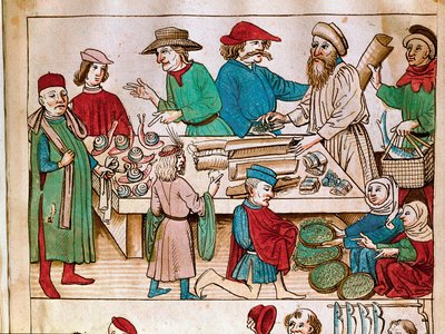 Commerce : scène de marche. Miniature des Chroniques du Concile de Constance par Ulrich Richental (1360-1437) 1438 environ Prague, bibliothèque nationale - German School