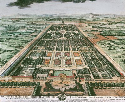 Vue du jardin du château de Herrenhausen, vers 1708, impression en couleur, Allemagne - German School