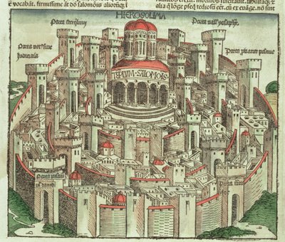 Vue de la ville fortifiée de Jérusalem montrant le Temple de Salomon et les portes de la ville, tiré de la Chronique de Nuremberg par Hartmann Schedel, 1493 - German School