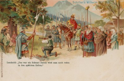 Guillaume Tell tirant sur la pomme sur la tête de son fils - German School