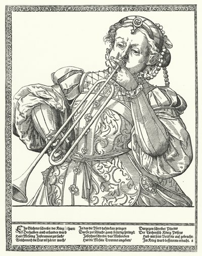 Femme jouant du trombone ou du sacqueboute (gravure) - German School