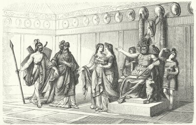 Wotan recevant les musiciens introduits par Bragi, le dieu de la poésie et du chant - German School