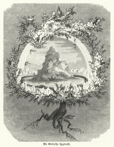 Yggdrasil, frêne mythique de la cosmologie nordique (gravure) - German School