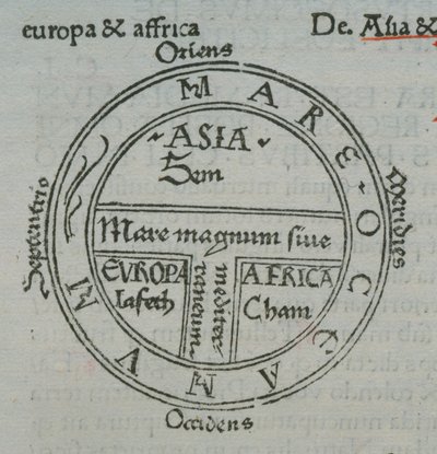 f.177v Carte T-in-O, avec noms de lieux en caractères d