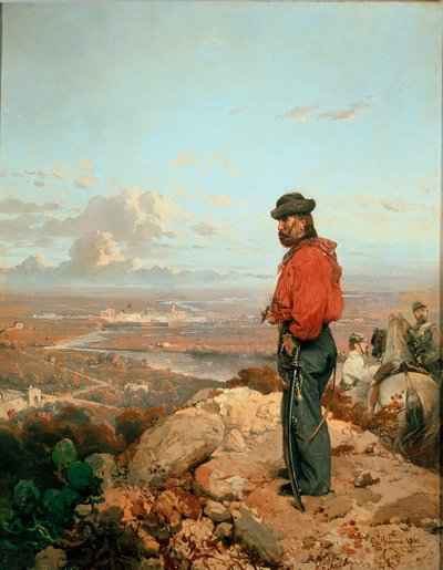 Unité italienne : "Portrait de Giuseppe Garibaldi (1807-1882) devant Capua en 1860" Peinture de Gerolamo (Girolamo) Induno (1825-1890) 1861 Museo del Risorgimento, Milan - Gerolamo Induno