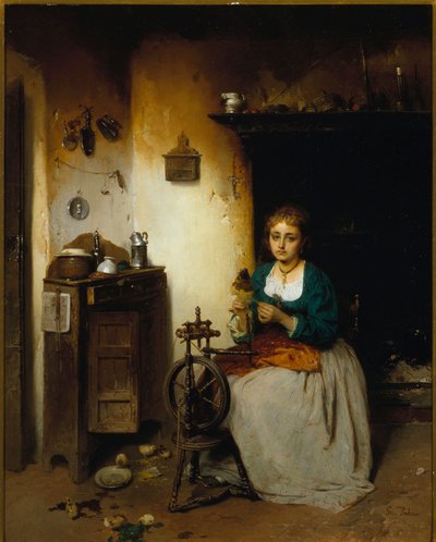 Jeune femme filant de la laine, son expression est triste et son intérieur misérable - Gerolamo Induno