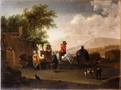 Voyageurs à cheval se rafraîchissant dans un col de montagne, dans un paysage italianisant - Gerrit Adriaensz Berckheyde