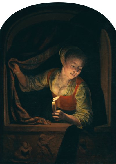 Dutch : Jeune femme avec une bougie allumée à une fenêtre - Gerrit Dou