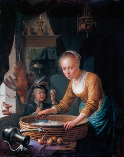 French: Jeune fille hachant des oignons Girl chopping Onions - Gerrit Dou