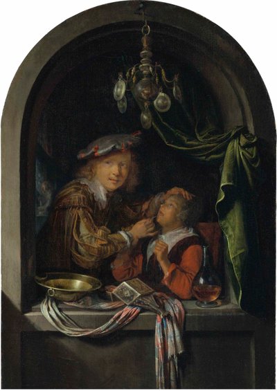 Allemand : Der Zahnarzt Un chirurgien-barbier examinant une jeune fille - Gerrit Dou