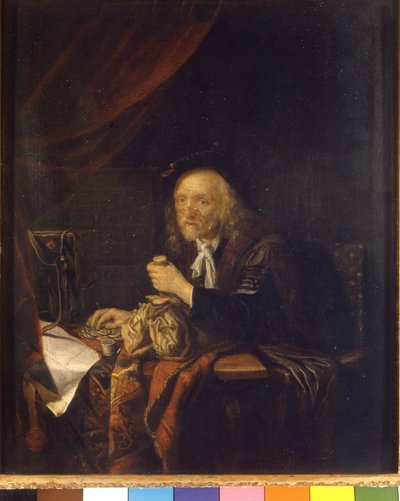 Un homme méfiant compte son argent en tenant une bourse à la main. Peinture de Gerard Dou (ou Gerrit Dow) (1613-1675) XVIIe siècle Milan Museo del castello - Gerrit Dou