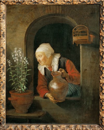 Vieille femme à la fenêtre, arrosant ses fleurs (peinture) - Gerrit or Gerard Dou