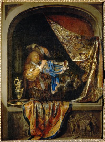 Le trompettiste, en arrière-plan un festin ... - Gerrit or Gerard Dou