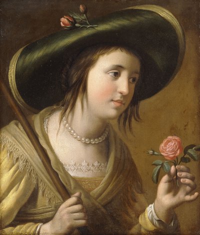 Portrait de la Princesse Élisabeth II van de Palts en bergère, buste, tenant une rose - Gerrit van Honthorst