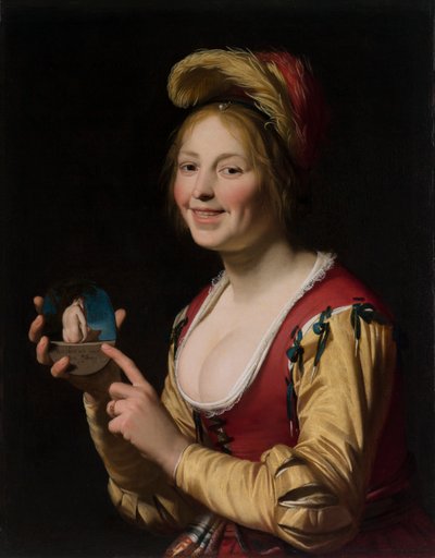 Fille Souriante, une Courtisane, Tenant une Image Obscène - Gerrit van Honthorst