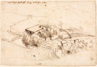 Ferme avec des arbres dans un paysage vallonné recto, 1567 - Gherado Cibo