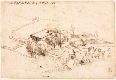 Ferme avec des arbres dans un paysage vallonné (recto) - Gherardo Cibo