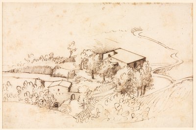 Ferme avec des arbres dans un paysage vallonné (verso) - Gherardo Cibo