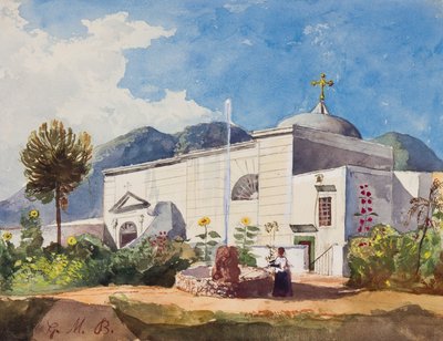 Église et fontaine, possiblement le jardin d