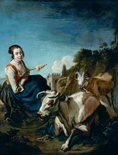 Une fille avec une vache et des moutons dans un paysage rocheux, vers 1700 - Giacomo Ceruti
