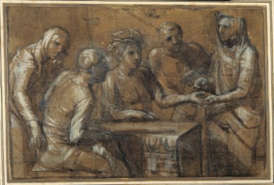 Cinq figures dans un intérieur (fusain rehaussé de blanc) - Giacomo (attr. to) Cavedone