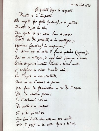 Manuscrit du poème "Le calme après la tempête" de Leopardi. 1829 (documents ) - Giacomo Leopardi