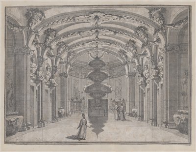 Scène théâtrale dans une grande salle avec un plafond voûté et une sculpture centrale, vers 1687-1717 - Giacomo Maria Giovannini
