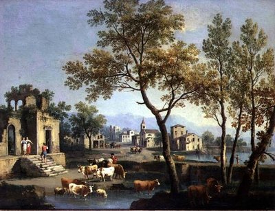Une rue de village avec des paysans et du bétail - Gianbattista Cimaroli