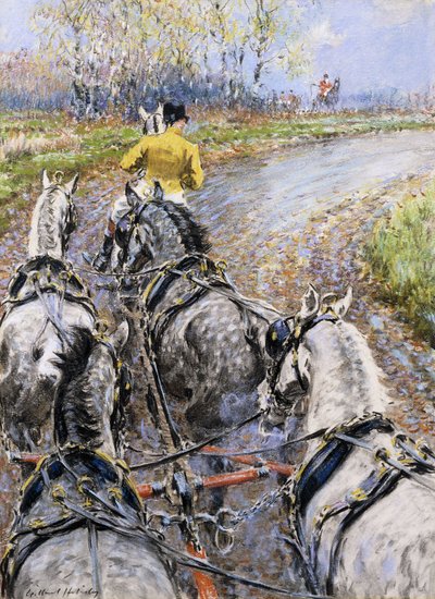 "La route royale", étude depuis le siège de la boîte du vieux carrosse de Berkeley; Le cheval de coq nous emmenant sur la colline de Reigate - Gilbert Holiday