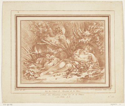 Bergère couchée avec moutons et berger avec flûte - Gilles Demarteau