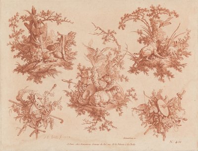Cinq Trophées avec Thèmes de Chasse, Amour et Folie - Gilles Demarteau, the Elder, and Jean Baptiste Hüet