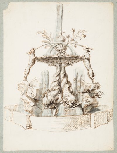 Conception pour une fontaine soutenue par des dauphins et deux chiens - Gilles Marie Oppenord