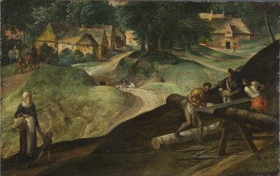 Paysage avec des hommes sciant du bois - Gillis Mostaert