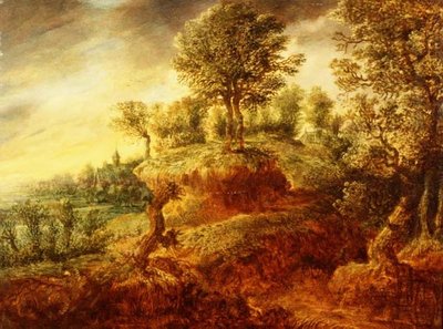 Un paysage boisé avec une charrette sur un chemin et une église au-delà - Gillis Neyts