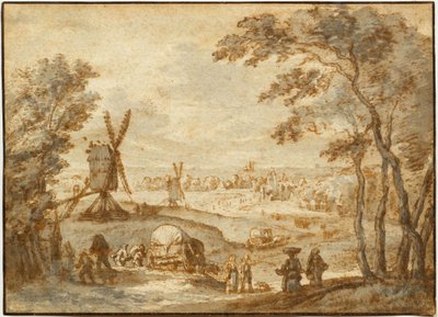 Paysage avec moulins à vent devant une ville, avec marcheurs et chariot couvert au premier plan - Gillis Neyts