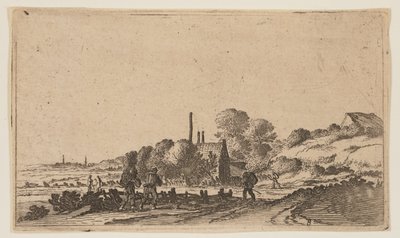 Figures sur un chemin devant des fermes sur les dunes, extrait de Douze paysages - Gillis van Scheyndel
