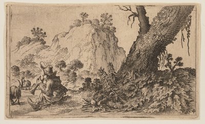 Berger jouant de la flûte à bec avec un troupeau de chèvres, extrait de Douze paysages - Gillis van Scheyndel