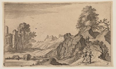 Trois piétons sur un pont en bois traversant un ruisseau, extrait de Douze paysages - Gillis van Scheyndel