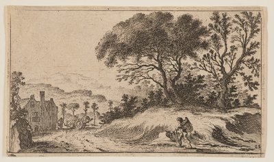 Voyageur sur un chemin devant trois arbres sur un monticule à droite, tiré de Douze paysages - Gillis van Scheyndel