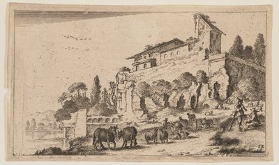 Villa incorporant des ruines sur une colline à droite de la rivière, tiré de Douze paysages - Gillis van Scheyndel