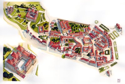 Vue aérienne de la ville de Guimaraes : à gauche, le château et le monastère construits au 11e siècle. Portugal. Illustration de Giorgio Albertini. (L