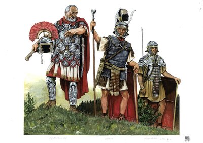 Rome antique : un centurion, un optio (messager entre centurions et décurions) et un légionnaire. 2e siècle - Giorgio Albertini