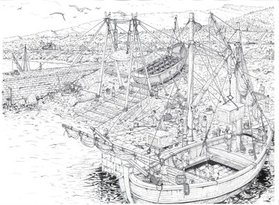 Antiquité : le transport par bateau de marbre provenant probablement des carrières de Carrare (Carrara). IIe siècle après JC Italie Illustration de Giorgio Albertini. (L