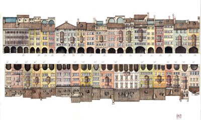 Architecture : vue plane de la Via dei Portici, galerie couverte avec portique, ainsi que des maisons colorées, depuis la ville de Bolzano, Italie Illustration de Giorgio Albertini. (L